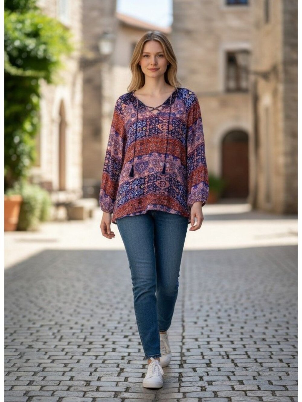 Lucky Brand Womens Boho Print Long-Sleeve Blouse M Rayon Multicolor